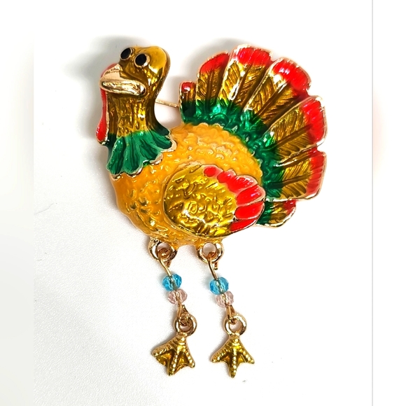 Turkey Brooch Pin Pendant Enamel Thanksgiving Fall Gold Tone Beaded Legs New - Picture 1 of 6